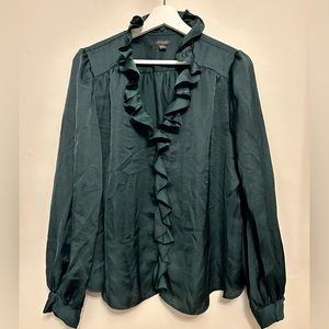 Deep Emerald Green Long Sleeve V-Neck Blouse with Ruffles